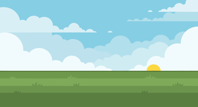 Sunrise over a vast green landscape with fluffy clouds