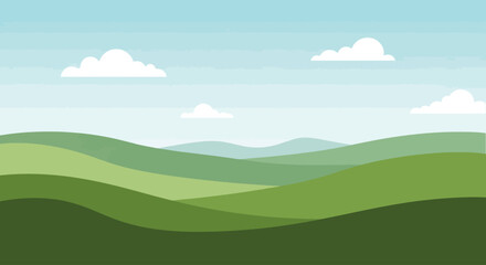 Fototapeta premium Rolling green hills stretch far under blue sky with clouds landscape