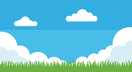 Fototapeta premium A serene landscape of green grass under a blue sky with white clouds floating freely