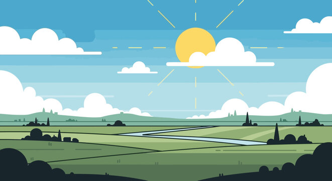 Sunny landscape with green fields and fluffy clouds rolling over hills