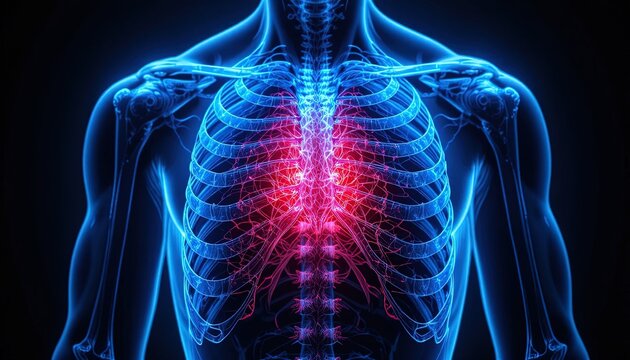 Glowing human rib cage shows internal anatomy with highlighted circulation in the chest area.