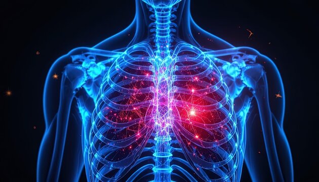 Digital visualization displays a human skeletal chest structure with glowing internal energy.