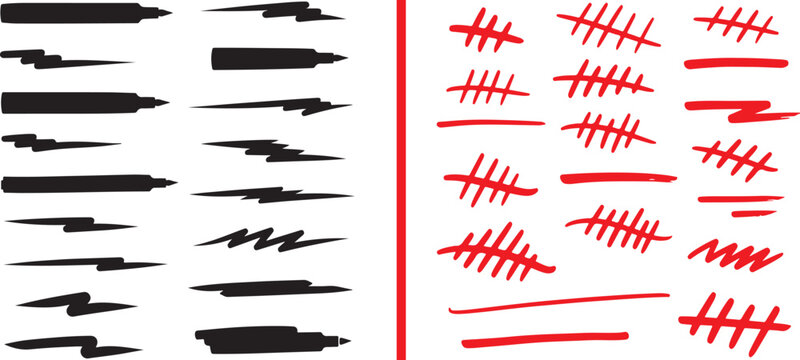 Collection of black marker strokes and red tally marks. Graphic elements for design and counting.