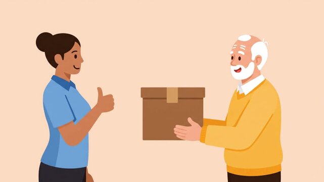 Flat minimal looping animation of delivery worker handing box to recipient simple vector shapes smooth motion subtle gestures seamless reset cycle soft color palette clean background UI app animation 