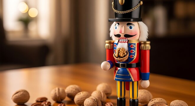 Wooden nutcracker soldier with walnuts on tabletop in warm lighting