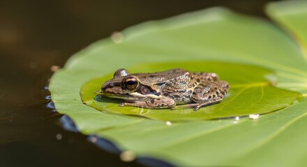 Fototapeta premium A small brown frog resting peacefully on a large green lily pad in a sunlit pond, showcasing a moment of tranquil wildlife.