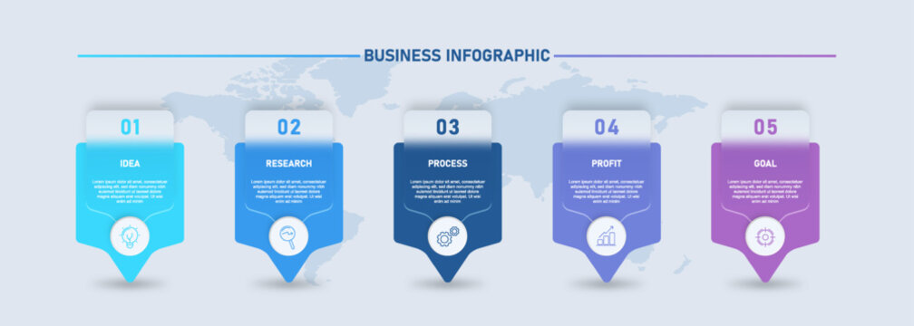 Clean and modern business infographic template featuring 5 step location pin elements with gradient colors over a subtle world map background.