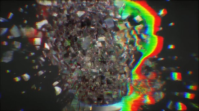 デジタルノイズに侵食され崩壊する立体電球のグリッチ抽象背景