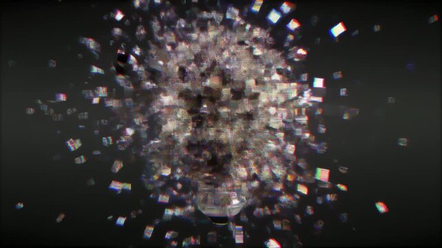 デジタルノイズに侵食され崩壊する立体電球のグリッチ抽象背景