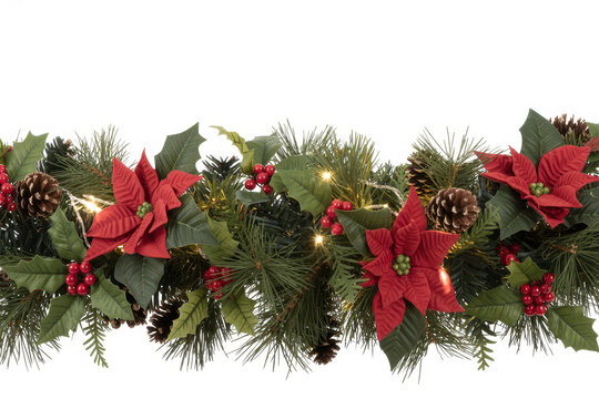 Christmas garland decorated with red poinsettia flowers, pine cones, and berries on white background