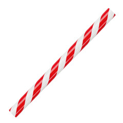 Obraz premium Ultra photorealistic close-up of a single glossy drinking straw with vibrant red and white candy cane stripes, sharp focus on a transparent background. Concept for holiday advertising