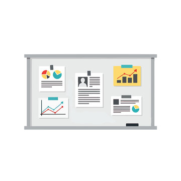 Whiteboard with business charts and graphs.