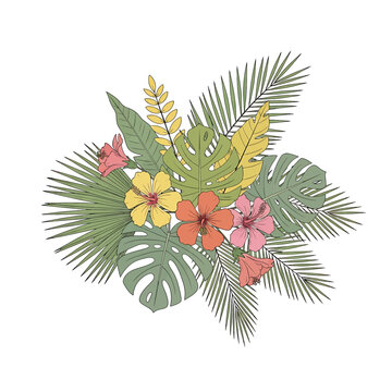 Tropical leaves and colorful flowers arrangement 1.