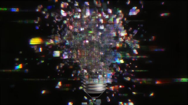 デジタルノイズに侵食され崩壊する立体電球のグリッチ抽象背景