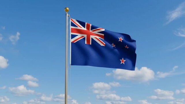 The New Zealand flag flies against a bright blue sky.
