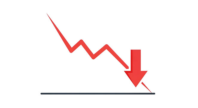 Red downward trend graph with arrow signifying decline and economic recession on black