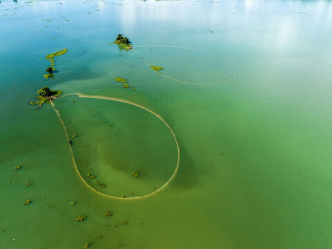 Aerial view of traditional circular fishing nets in the calm green waters of Kaptai Lake with small islands in Rangamati, Chittagong Division, Bangladesh.