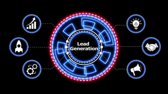 Lead generation infographic with futuristic interface motion. Animated business infographic showing lead generation cycle with icons for growth startup and collaboration.
