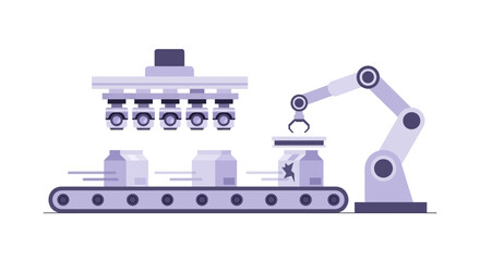 Fototapeta premium Automated production line with robotic arm and conveyor belt in a factory