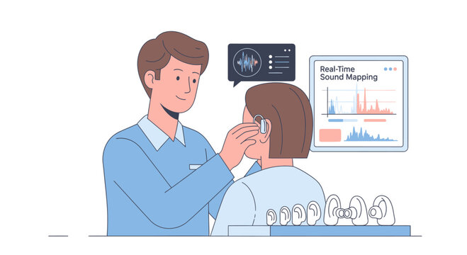 Audiologist fitting hearing aid on patient, real-time sound mapping display