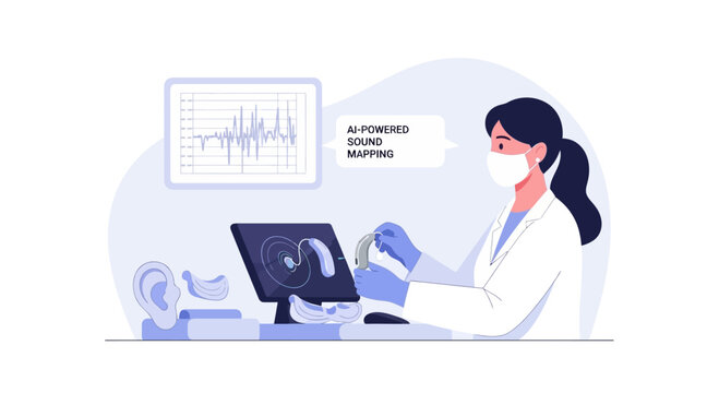 Audiologist performs hearing test with advanced equipment, showing sound wave graph