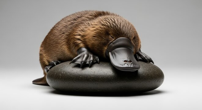 An adorable, sleepy platypus rests its bill on a smooth, dark stone in a studio photograph.