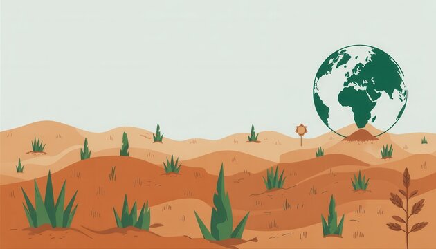Earth's Embrace: An artistic representation of our planet cradled gently amidst a barren landscape, symbolizing hope for environmental harmony and regeneration. 