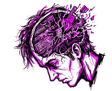 A human head in profile filled with exploding jagged static and distorted noise patterns &mdash; TV static, broken circuit lines. Punk graphic illustration, raw hand-drawn quality, rough ink lines.