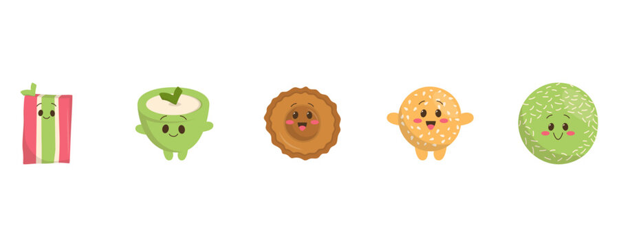 Cute Jajanan Pasar Illustration Set, Klepon, Onde Onde, Kue Cucur, Nona Manis, Kue Lapis Indonesian Traditional Snack Vector Collection
