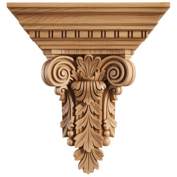 Ornate wooden corbel with intricate acanthus leaf carvings and scroll details on white background