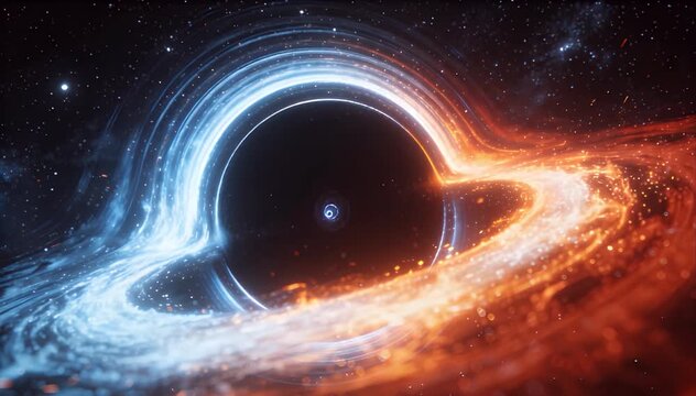 Deep Space Exploration Cosmos space black hole abstract vortex blue orange light star field with glow, stellar dust, ring swirl, cosmic energy in deep digital art style
