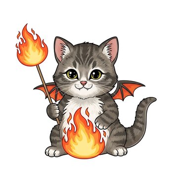 Cute cartoon devil cat with fire.