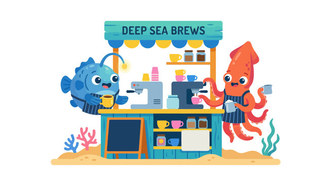 Whimsical underwater coffee shop with adorable sea creatures serving drinks