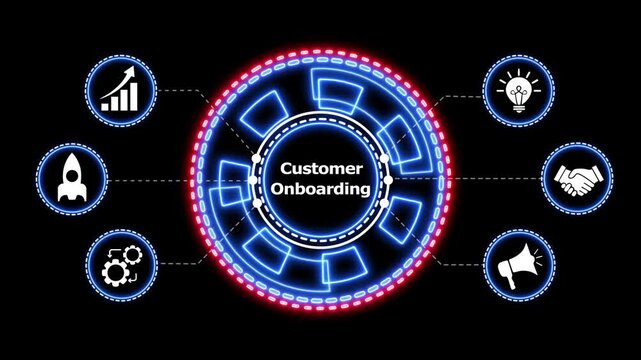 Customer onboarding business concept digital graphic. Animated digital interface displaying customer onboarding process with infographic icons glowing neon elements motion graphic.