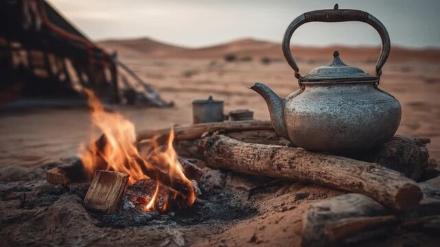 Desert campfire with teapot outdoor cooking and warmth scene