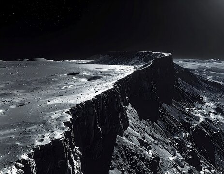 Panoramic landscape of Iapetus moon with a colossal miles-high black ridge. Harsh backlighting on sharp geometric edges against a black void. Photorealistic space exploration and science.