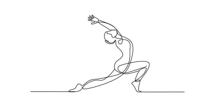Continuous line drawing of a dancer in a graceful pose, arms raised, one leg extended forward Vector, illustration