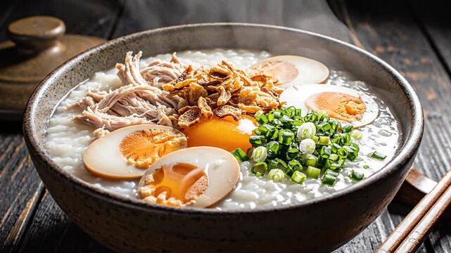 Steaming hot bowl of rice porridge or congee topped with sliced marinated eggs, shredded chicken, crispy fried shallots, chopped scallions, and raw egg yolk on a dark rustic table.