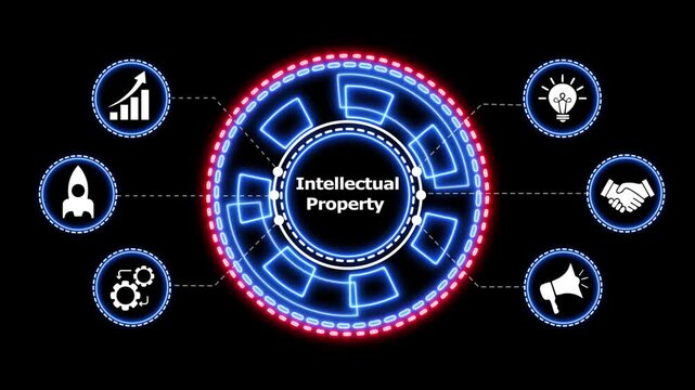 Intellectual property management technology concept. Dynamic digital interface showing intellectual property icons with glowing neon elements and rotating motion graphics.