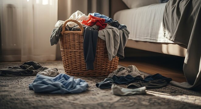 Basket of dirty laundry in messy bedroom corner with scattered clothes and natural light from window, capturing realistic everyday life and untidy home environment.