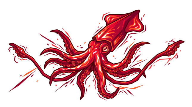 Aggressive Giant Red Squid Swimming with Tentacles Extended