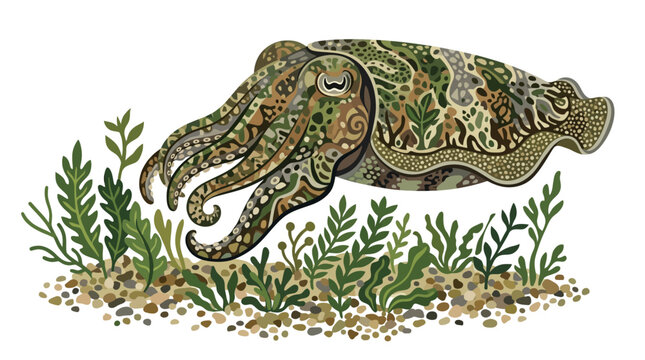 Common Cuttlefish Camouflage Pattern in Seaweed Illustration