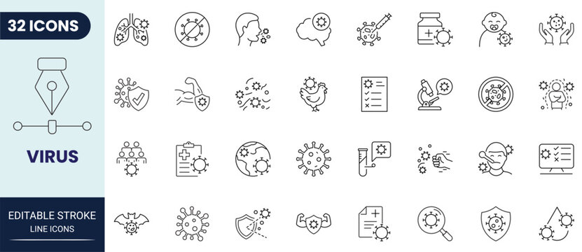 Virus icon set in outline style. Containing virus, germ, bacteria, infection, disease, healthcare, and biology icons. Editable stroke. Vector icon collection.