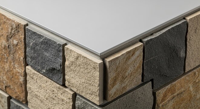 Modern Architectural Detail of Stacked Natural Stone Tiles and Smooth White Countertop