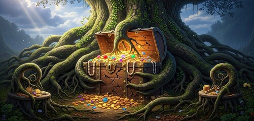 Fototapeta premium Mystical Golden Treasure Chest Hidden Under Ancient Tree Roots