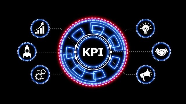 Kpi key performance indicator concept video. Dynamic animation of key performance indicator concept with rotating neon circles and business icons on black background.