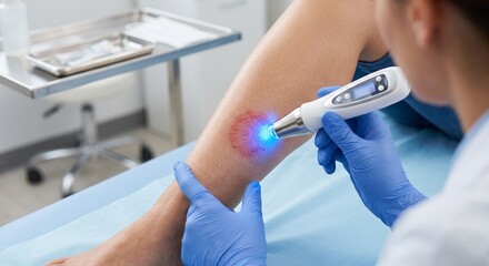 Obraz premium A close-up of a patient’s leg where a dermatologist or nurse is applying focused blue light therapy to treat a localized patch of eczema or psoriasis.