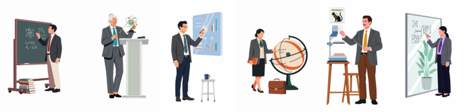 Set of Diverse Scientists and Professors Teaching Physics and Quantum Mechanics with Various Educational Tools