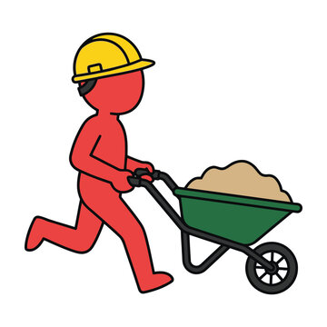 Man pushing wheelbarrow with sand wearing yellow hard hat