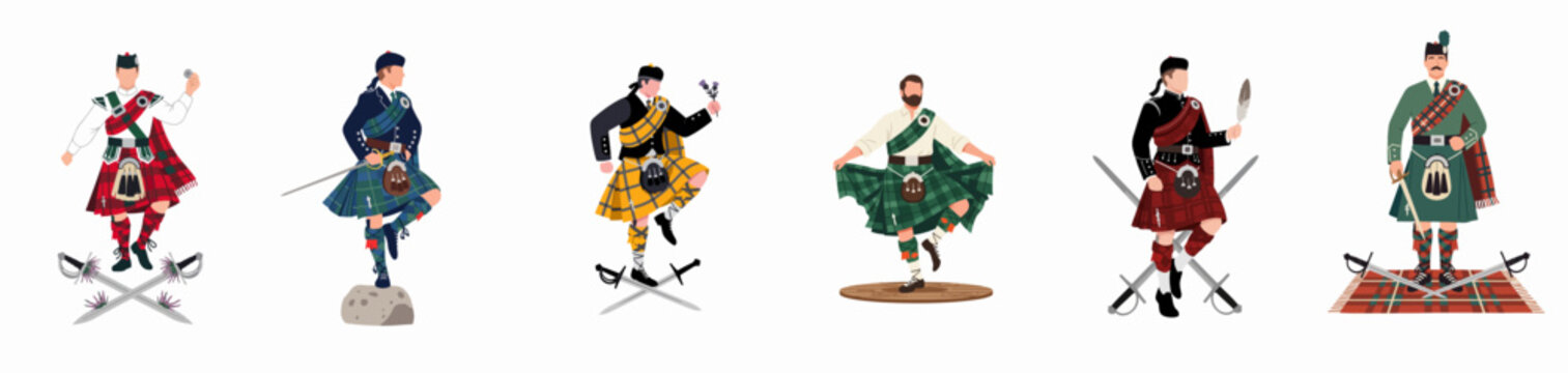 Set of flat vector illustrations featuring men in traditional Scottish highland dress, wearing various tartan kilts and performing cultural activities like the sword dance.